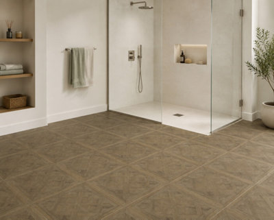 Marivelle Cognac Wood Effect Floor Tile (60 Pack - 15 Box - 21.6m2 Coverage)  - Bathroom - 60cm x 60cm - Elegant Parquet Geometry