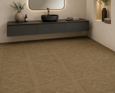 Marivelle Cognac Wood Effect Floor Tile (60 Pack - 15 Box - 21.6m2 Coverage)  - Bathroom - 60cm x 60cm - Elegant Parquet Geometry