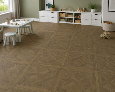 Marivelle Cognac Wood Effect Floor Tile (60 Pack - 15 Box - 21.6m2 Coverage)  - Bathroom - 60cm x 60cm - Elegant Parquet Geometry