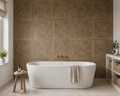 Marivelle Cognac Wood Effect Wall Tile (40 Pack - 10 Box - 14.4m2 Coverage)  - Playroom -  60cm x 60cm - Elegant Parquet Geometry
