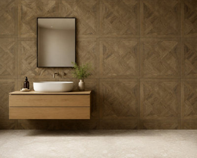 Marivelle Cognac Wood Effect Wall Tile (40 Pack - 10 Box - 14.4m2 Coverage)  - Playroom -  60cm x 60cm - Elegant Parquet Geometry