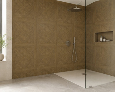 Marivelle Cognac Wood Effect Wall Tile (40 Pack - 10 Box - 14.4m2 Coverage)  - Sink - 60cm x 60cm - Elegant Parquet Geometry