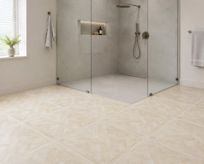 Marivelle Maple Wood Effect Floor Tile (12 Pack - 3 Box - 4.32m2 Coverage)  - Playroom -  60cm x 60cm - Elegant Parquet Geometry