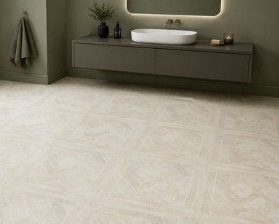Marivelle Maple Wood Effect Floor Tile (60 Pack - 15 Box - 21.6m2 Coverage)  - Shower - 60cm x 60cm - Elegant Parquet Geometry