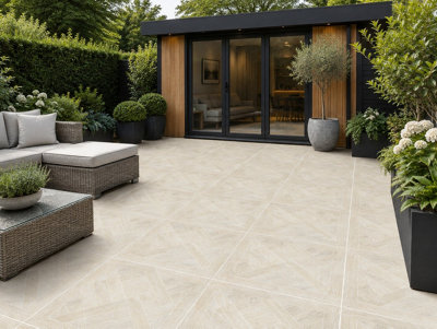 Marivelle Maple Wood Effect Outside Floor Tile (12 Pack - 3 Box - 4.32m2 Coverage) - Tile - 60cm x 60cm - Elegant Parquet Geometry