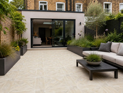 Marivelle Maple Wood Effect Outside Floor Tile (12 Pack - 3 Box - 4.32m2 Coverage) - Tile - 60cm x 60cm - Elegant Parquet Geometry