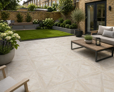 Marivelle Maple Wood Effect Outside Floor Tile (12 Pack - 3 Box - 4.32m2 Coverage) - Tile - 60cm x 60cm - Elegant Parquet Geometry
