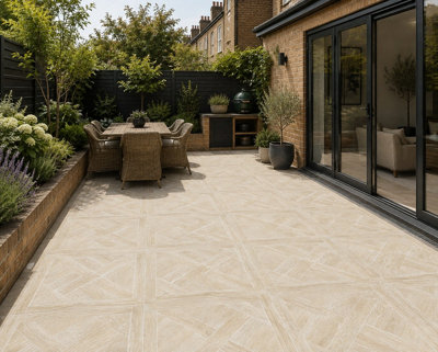 Marivelle Maple Wood Effect Outside Floor Tile (12 Pack - 3 Box - 4.32m2 Coverage) - Tile - 60cm x 60cm - Elegant Parquet Geometry