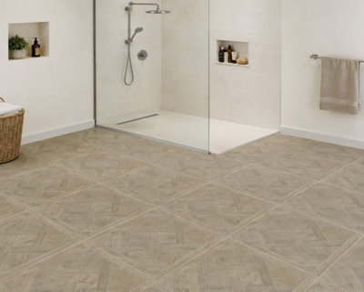 Marivelle Mocha Wood Effect Floor Tile (20 Pack - 5 Box - 7.2m2 Coverage)  - Shower - 60cm x 60cm - Elegant Parquet Geometry