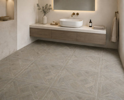 Marivelle Mocha Wood Effect Floor Tile (20 Pack - 5 Box - 7.2m2 Coverage)  - Shower - 60cm x 60cm - Elegant Parquet Geometry