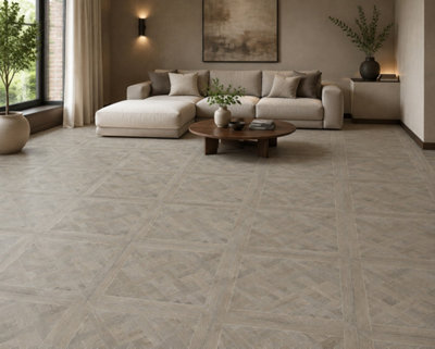 Marivelle Mocha Wood Effect Floor Tile (20 Pack - 5 Box - 7.2m2 Coverage)  - Shower - 60cm x 60cm - Elegant Parquet Geometry