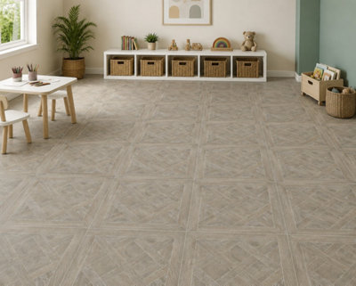 Marivelle Mocha Wood Effect Floor Tile (20 Pack - 5 Box - 7.2m2 Coverage)  - Shower - 60cm x 60cm - Elegant Parquet Geometry