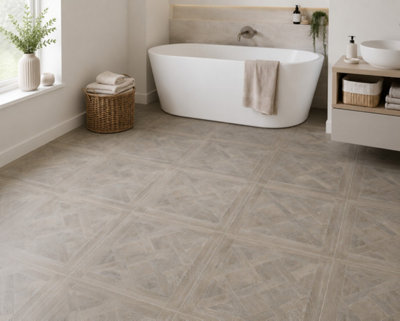 Marivelle Mocha Wood Effect Floor Tile (20 Pack - 5 Box - 7.2m2 Coverage)  - Shower - 60cm x 60cm - Elegant Parquet Geometry