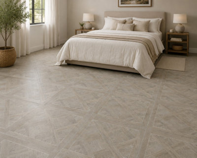 Marivelle Mocha Wood Effect Floor Tile (4 Pack - 1 Box - 1.44m2 Coverage)  - Bathroom - 60cm x 60cm - Elegant Parquet Geometry
