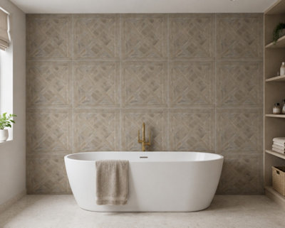 Marivelle Mocha Wood Effect Wall Tile (20 Pack - 5 Box - 7.2m2 Coverage)  - Playroom -  60cm x 60cm - Elegant Parquet Geometry