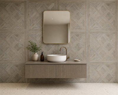 Marivelle Mocha Wood Effect Wall Tile (20 Pack - 5 Box - 7.2m2 Coverage)  - Playroom -  60cm x 60cm - Elegant Parquet Geometry