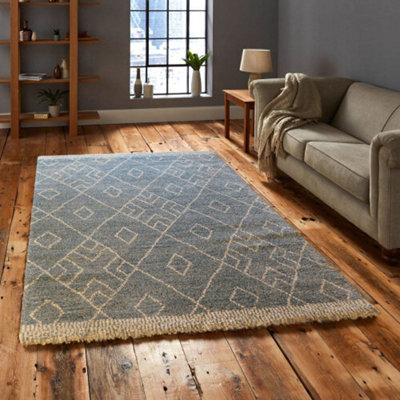 Marjan-Diamond/Rhombus Pattern Geometric Thick Soft Shaggy Rug,Blue/Ivory,120 x 170 cm