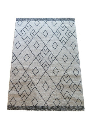 Marjan-Diamond/Rhombus Pattern Geometric Thick Soft Shaggy Rug,Cream/Grey,120 x 170 cm