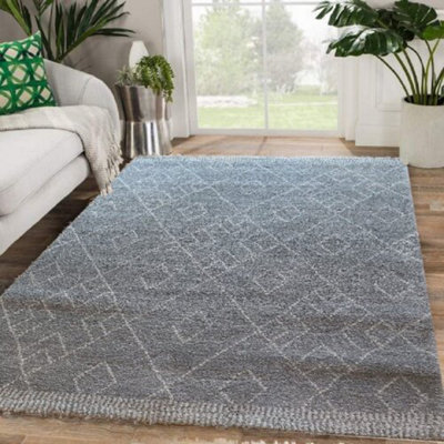 Marjan -Diamond/Rhombus Pattern Geometric Thick Soft Shaggy Rug,Grey/Cream, 160x230cm