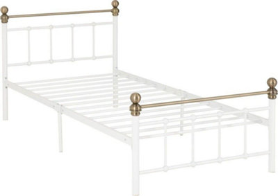Marlborough 3ft Single Bed Bed Frame in White and Antique Brass Finish