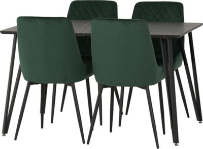Marlow Dining Set Black Marble with 4 Emerald Green Avery Velvet Chairs