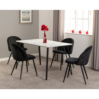 Marlow Dining Set White Marble Effect 4 Black Velvet Chairs