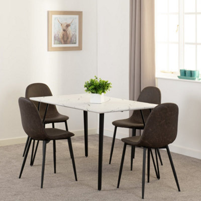Marlow Dining Set White Marble Effect with 4 Brown Faux Leather Chairs