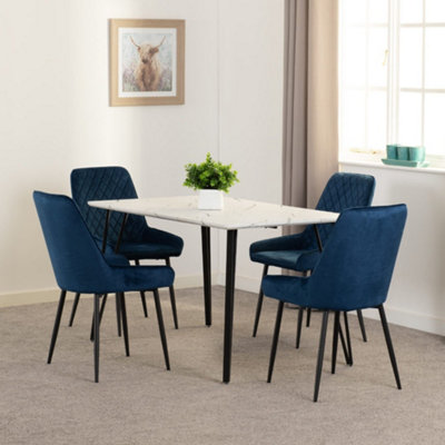 Marlow Dining Set White Marble with 4 Blue Avery Velvet Chairs