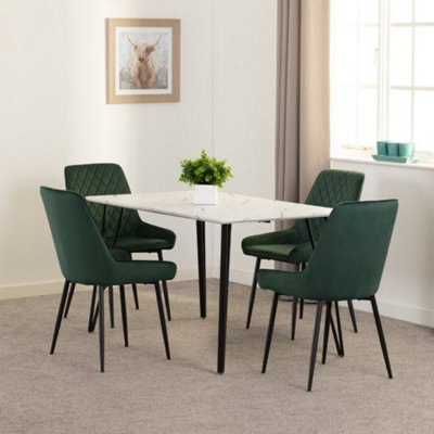 Marlow Dining Set White Marble with 4 Emerald Green Avery Velvet Chairs