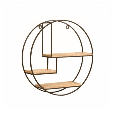 Marly Wall Shelf Floating Shelf Wall Mounted Shelf Book Shelves Solid Wood & Iron Storage Shelf Bronze & Natural 49.5 cm Round