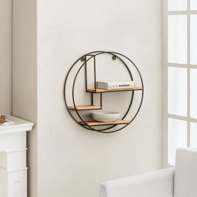Marly Wall Shelf Floating Shelf Wall Mounted Shelf Book Shelves Solid Wood & Iron Storage Shelf Bronze & Natural 49.5 cm Round