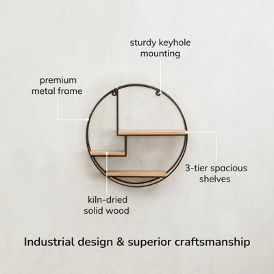 Marly Wall Shelf Floating Shelf Wall Mounted Shelf Book Shelves Solid Wood & Iron Storage Shelf Bronze & Natural 49.5 cm Round