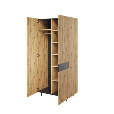 Marmo Tall Double Wardrobe ((H)920mm (W)2000mm (D)520mm) - Oak Artisan and Black Accents