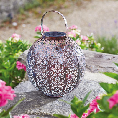 Marrakech Solar Powered Garden Lantern - Hanging or Standing Bronze Damask Round Outdoor Light - Measures H23.5 x 22.5cm Diameter