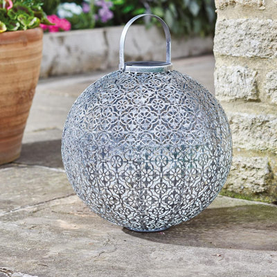 Marrakech Solar Powered Garden Lantern - Hanging or Standing Silver Damask Round Outdoor Light - Measures H32 x 30cm Diameter