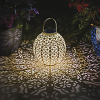 Marrakech Solar Powered Garden Lantern - Outdoor Hanging or Standing Round Damask Silhouette Light - H23.5 x 22.5cm Dia, Cream