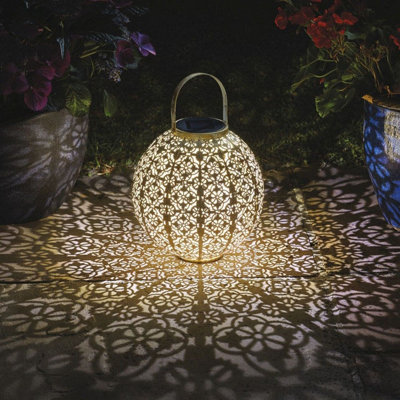 Marrakech Solar Powered Garden Lantern - Outdoor Hanging or Standing Round Damask Silhouette Light - H23.5 x 22.5cm Dia, Cream