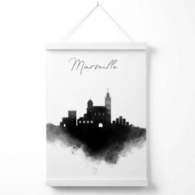 Marseille Watercolour Skyline City Poster with Hanger / 33cm / White