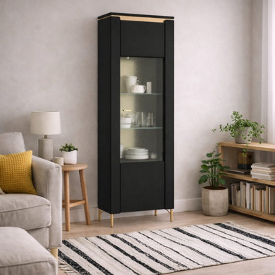 Marslet Narrow Black and Gold Display Vitrin Cabinet 1 Door with LED Lights