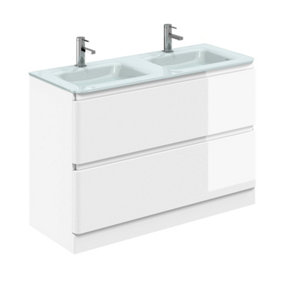 Marvel 1200mm Floor Standing Bathroom Vanity Unit in Gloss White with White Glass Basin