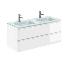 Marvel 1200mm Wall Hung Bathroom Vanity Unit in Gloss White with White Glass Basin