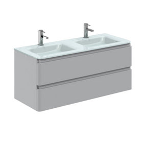 Marvel 1200mm Wall Hung Bathroom Vanity Unit in Light Grey Gloss with White Glass Basin