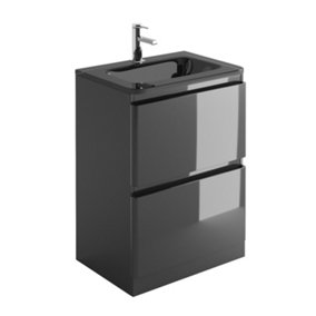 Marvel 600mm Floor Standing Bathroom Vanity Unit in Dark Grey Gloss with Grey Glass Basin