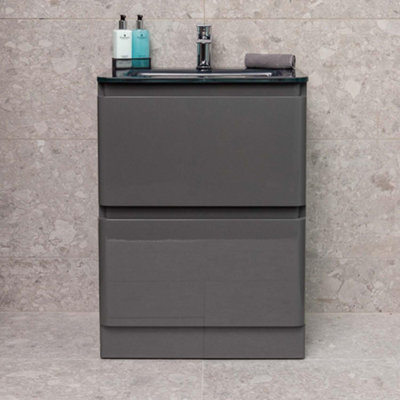 Marvel 600mm Floor Standing Bathroom Vanity Unit in Dark Grey Gloss with Grey Glass Basin