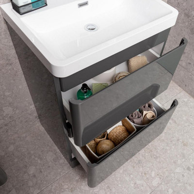 Marvel 600mm Floor Standing Bathroom Vanity Unit in Dark Grey Gloss with Resin Basin