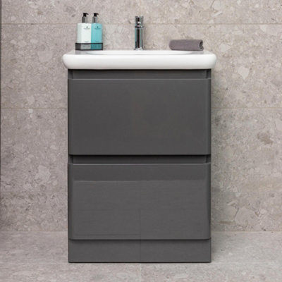 Marvel 600mm Floor Standing Bathroom Vanity Unit in Dark Grey Gloss with Round Resin Basin