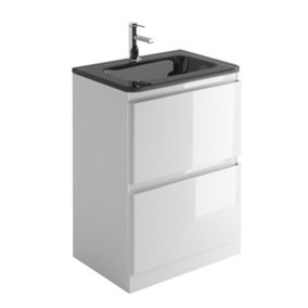Marvel 600mm Floor Standing Bathroom Vanity Unit in Gloss White with Grey Glass Basin