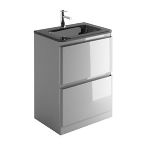 Marvel 600mm Floor Standing Bathroom Vanity Unit in Light Grey Gloss with Grey Glass Basin