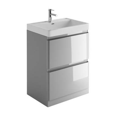 Marvel 600mm Floor Standing Bathroom Vanity Unit in Light Grey Gloss with Resin Basin