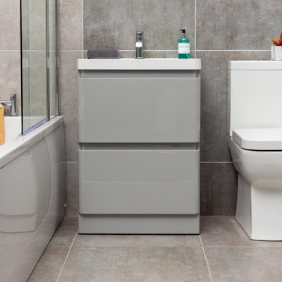 Marvel 600mm Floor Standing Bathroom Vanity Unit in Light Grey Gloss with Resin Basin